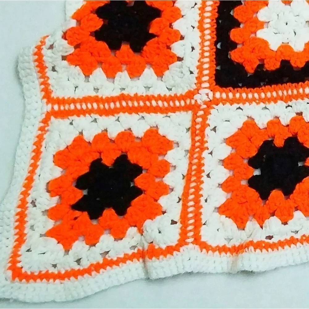 VINTAGE Granny Square Handmade Orange Afghan Throw